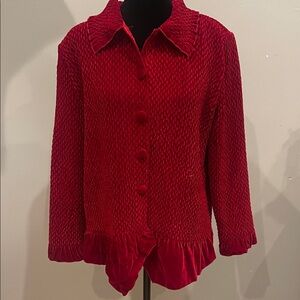 Red Textured Button-Up velvet shirt with ruffle hem